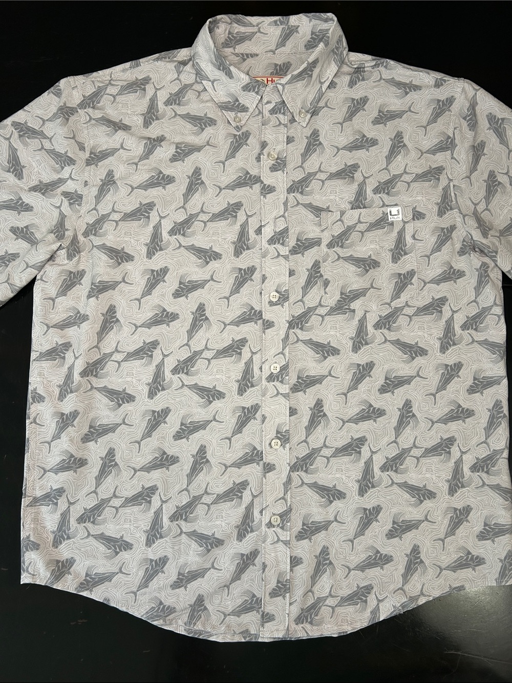 Huk Light Gray Short-Sleeve Button-Down lightweight Shirt with Fish Pattern